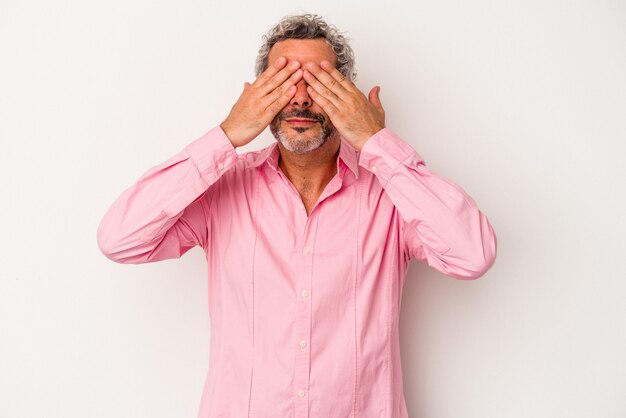 Middle age caucasian man isolated on white background  afraid covering eyes with hands.