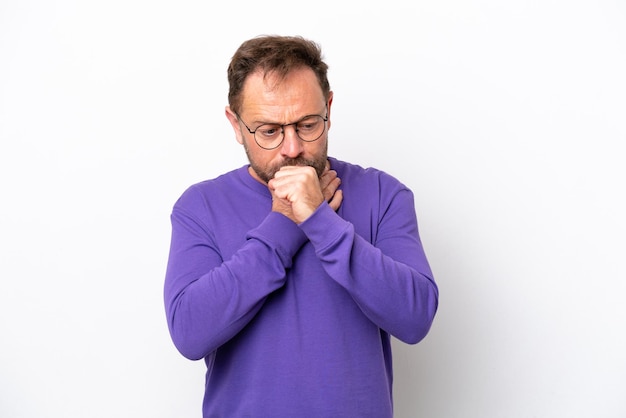 Middle age caucasian man isolated on white background coughing a lot