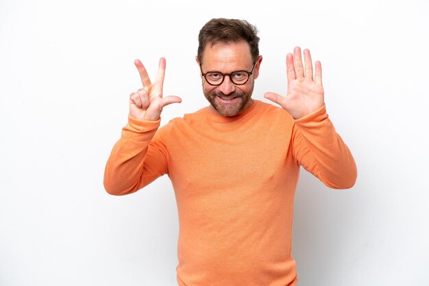 Middle age caucasian man isolated on white background counting eight with fingers