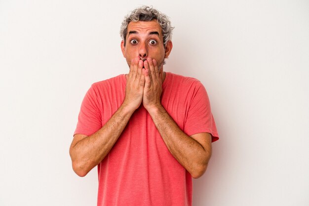 Middle age caucasian man isolated on white background  shocked covering mouth with hands.