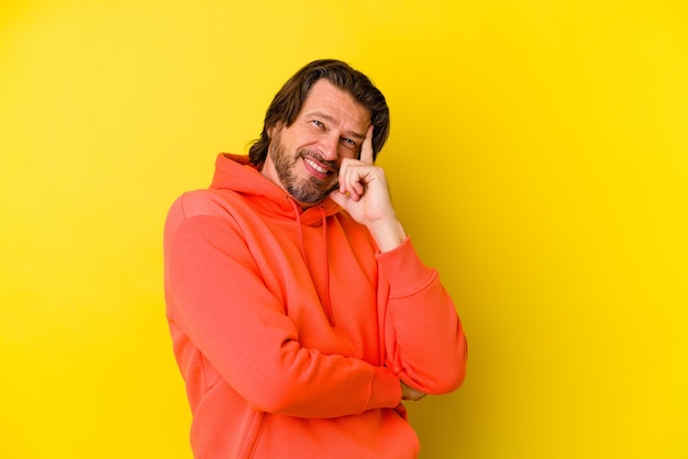 Middle age caucasian man isolated on yellow wall smiling happy and confident, touching chin with hand