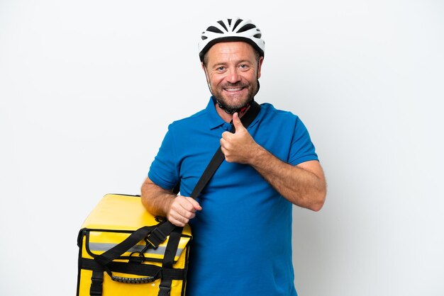 Middle age caucasian man with thermal backpack isolated on white background giving a thumbs up gesture