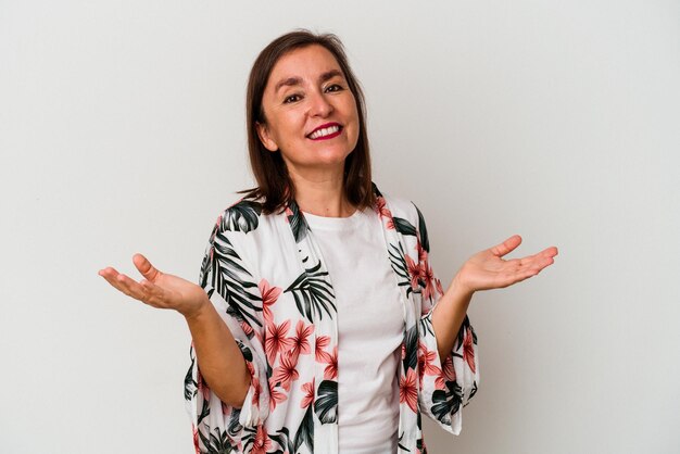 Middle age caucasian woman isolated on white background showing a welcome expression.