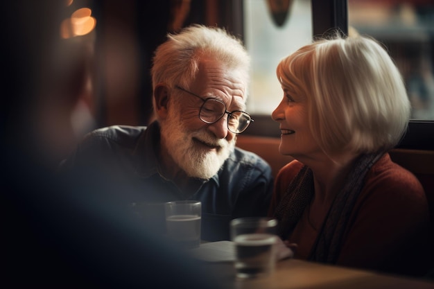 Пара средних лет наслаждается свиданием в кафе.