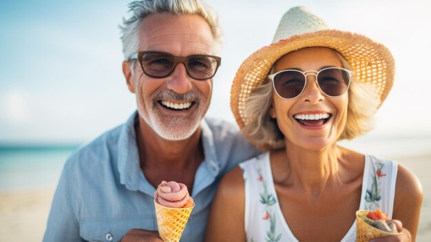 사진 해변에서 시간을 즐기는 중년 부부 여름 휴가 행복한 남자와 여자