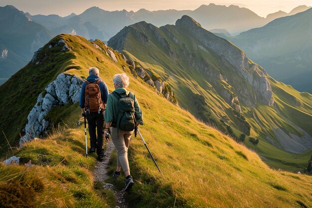 middle age couple hiking in the mountain