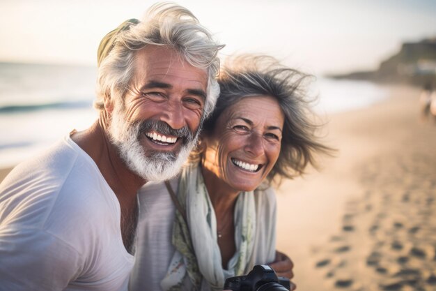 Middle age cuddling couple enjoying time on beach