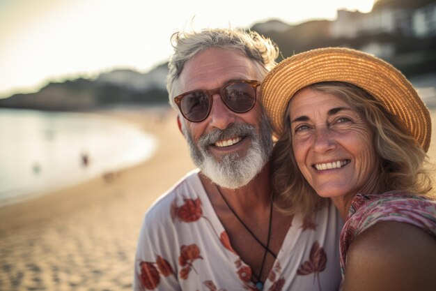 Middle age cuddling couple enjoying time on beach