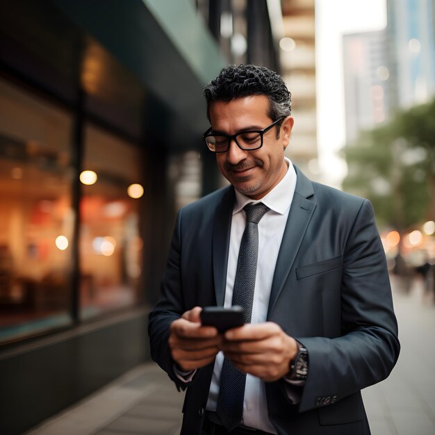 Photo middle age executive man wearing a suit using his smartphone on the street in broad daylight