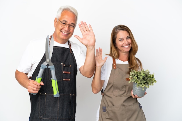 Middle age gardeners holding a plant and scissors isolated on white background saluting with hand with happy expression