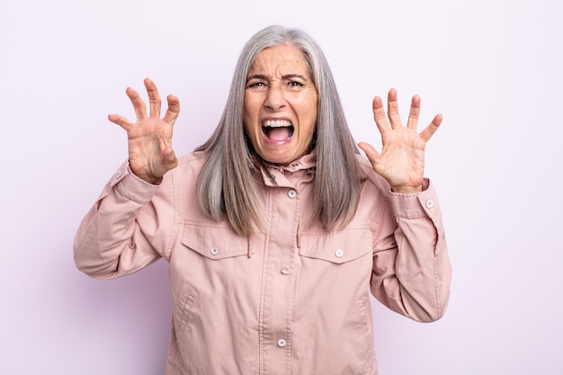 Middle age gray hair woman screaming in panic or anger, shocked, terrified or furious, with hands next to head