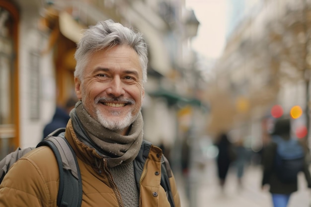 Foto uomo grigio di mezza età che sorride felice camminando per la strada della città