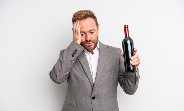 Middle age handsome man feeling bored, frustrated and sleepy after a tiresome. wine bottle concept