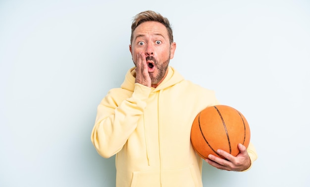 Middle age handsome man feeling shocked and scared. basketball concept