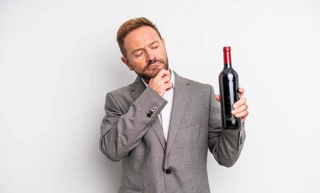 Middle age handsome man thinking, feeling doubtful and confused. wine bottle concept