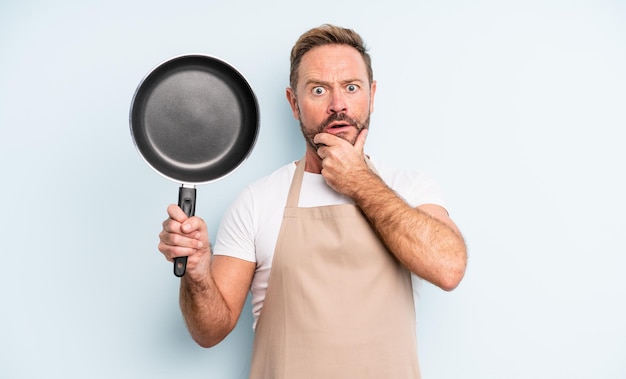 Uomo bello di mezza età con la bocca e gli occhi spalancati e la mano sul concetto di padella per friggere il mento