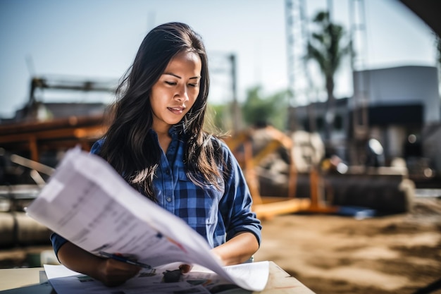 Photo middle age hispanic woman builder smiling confident standing at construction place