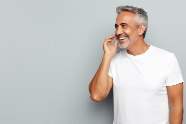 Middle age hispanic woman wearing casual white t shirt smiling with hand over ear listening and hear