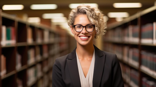 Photo middle age librarian or college teacher standing in library in front of book shelfes