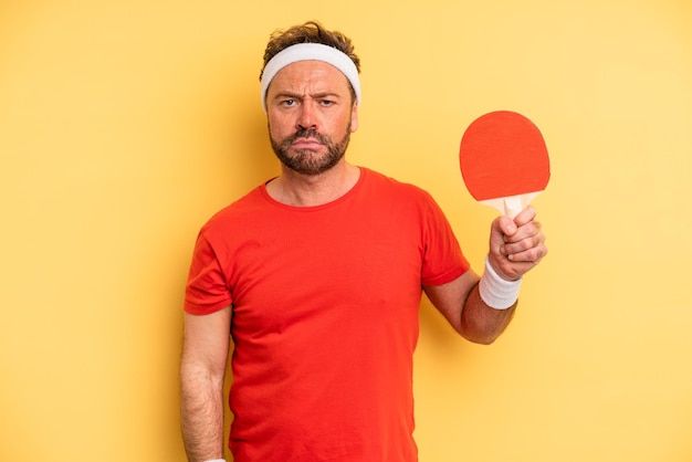 Photo middle age man feeling sad and whiney with an unhappy look and crying. ping pong concept