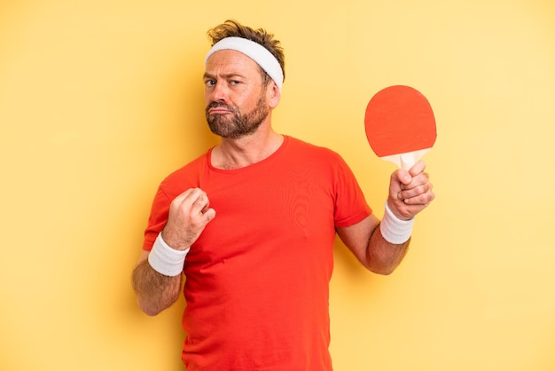 Middle age man looking arrogant, successful, positive and proud. ping pong concept