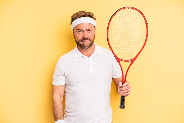 middle age man looking puzzled and confused. tennis concept