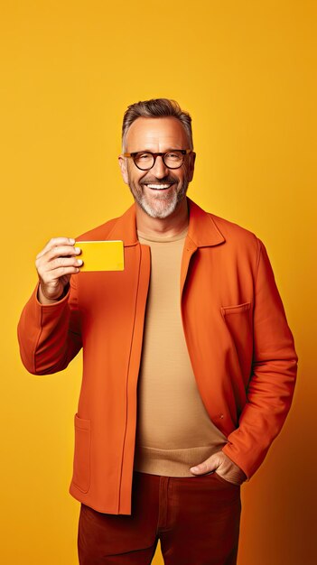 Middle age man showing his credit card happy