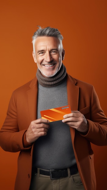Middle age man showing his credit card happy