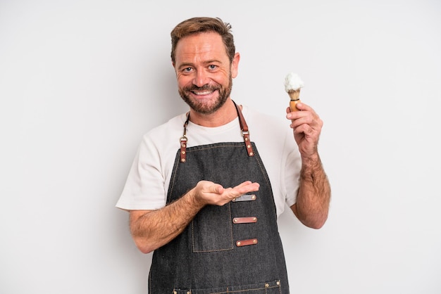 Middle age man smiling cheerfully, feeling happy and showing a concept. barber concept