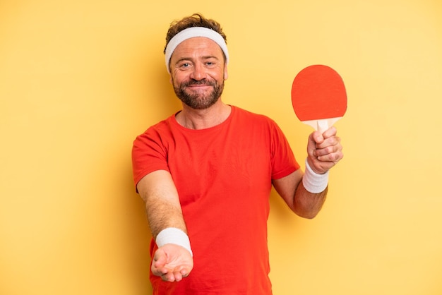 Middle age man smiling happily with friendly and  offering and showing a concept. ping pong concept