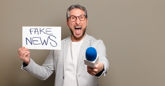 Photo middle age man speaker . fake news concept