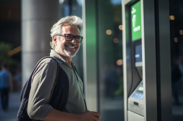 a middle age man using an atm machine bokeh style background