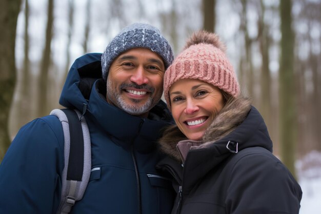 Middle age mixed race couple enjoying outdoors activity in winter woods AI Generative content