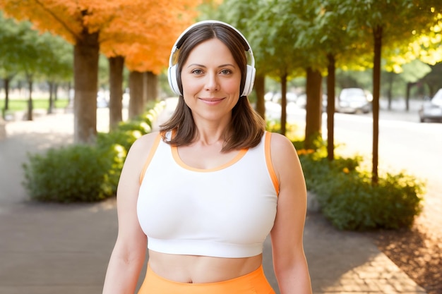 Middle age sportswoman smiling happy wearing headphones at the park