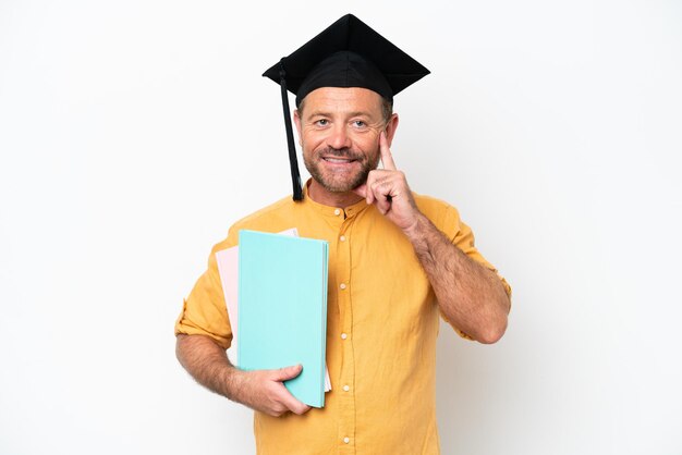 Middle age student caucasian man isolated on white background thinking an idea while looking up