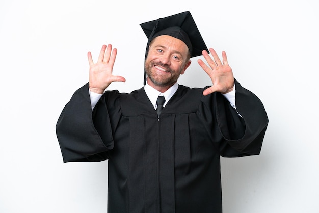 Middle age university graduate man isolated on white background counting ten with fingers