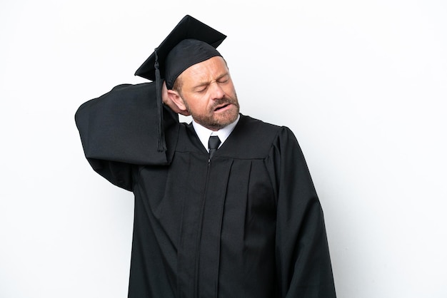 Middle age university graduate man isolated on white background with neckache