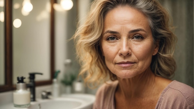 A middle age woman is using anti aging serum treatment on her face in the bathroom