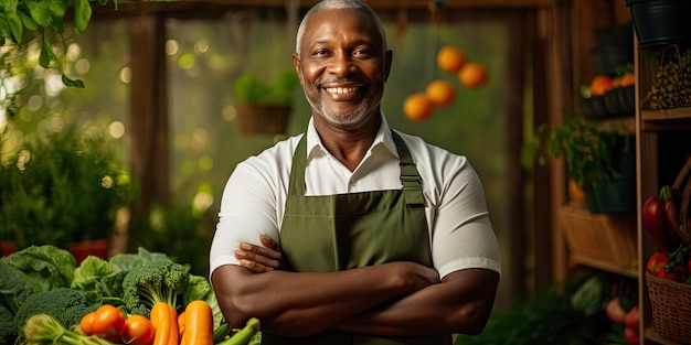 Middle aged African American man with her garden vegetable crop. Natural products as the basis of health at any age. He is standing in apron in greenhouse with a basket of vegetables.