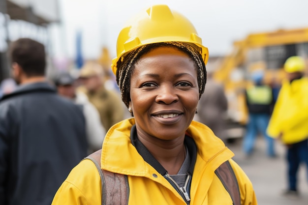 Middle aged African female builder worker in hard hat woman at construction site in safety helmet