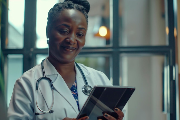 Middle aged african female doctor using his tablet computer at work