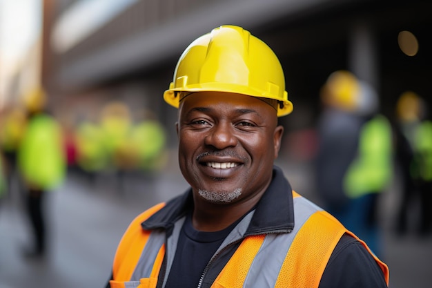 Middle aged African male builder worker in hard hat man at construction site in safety helmet