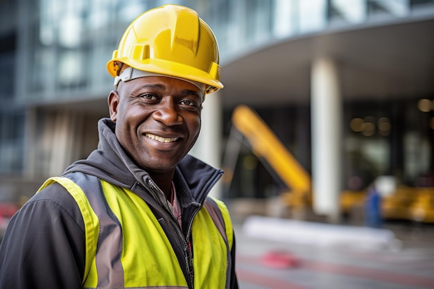 Middle aged African male builder worker in hard hat man at construction site in safety helmet