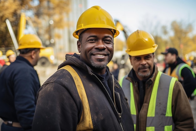 Middle aged African male builder workers in hard hat men at construction site