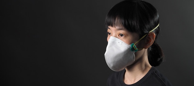 Middle aged of asia chinese woman wearing medical N95 mask that help prevent or protect her from