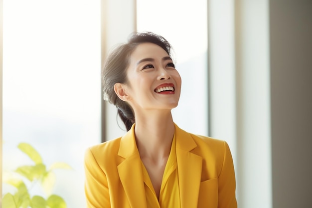 Middle aged Asian businesswoman in yellow suit with happy expression