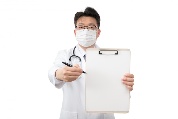 Middle-aged Asian doctor holding clipboard on white