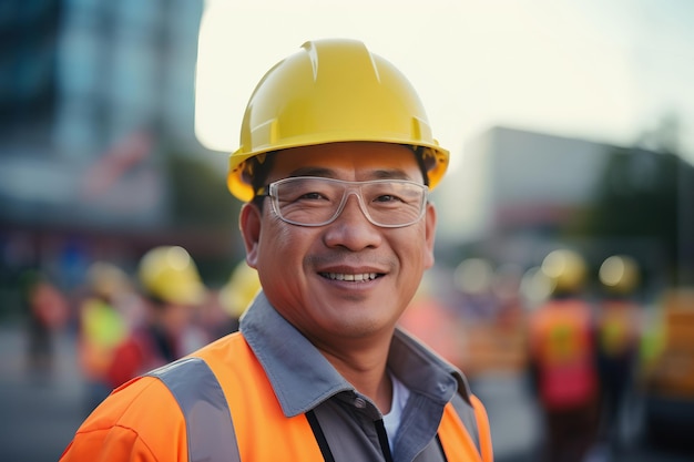 Middle aged Asian male builder worker in hard hat man at work construction site in safety helmet