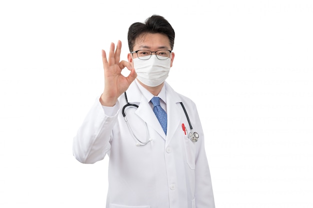 Middle-aged Asian man wearing a disposable mask showing ok sign