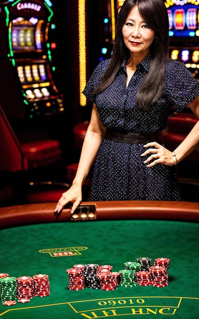 Азиатская женщина средних лет в роскошном казино с генеративным искусственным интеллектом